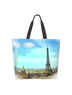 Sweetshow Eiffel Tower Grocery Bag French Tote Shopping Bag, Stylish Paris Street Gift Bag Paris Reusable Shoulder Bag Handbag