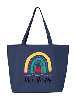 shop4ever Custom Personalized Teacher Teach Love Inspire Rainbow Heavy Canvas Tote with Zipper Reusable Shopping Bag 12 oz