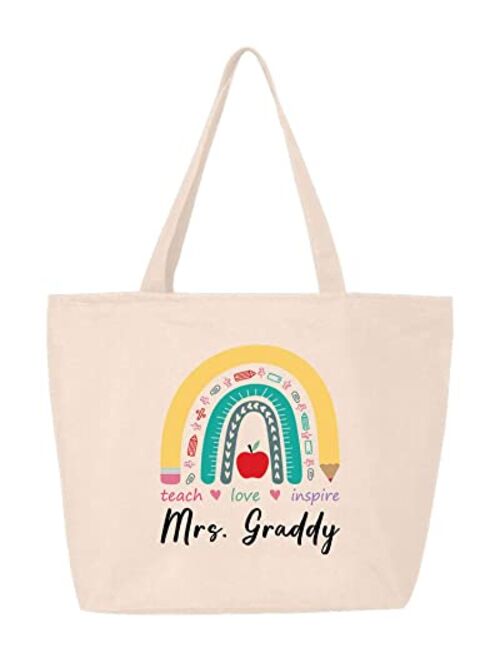 shop4ever Custom Personalized Teacher Teach Love Inspire Rainbow Heavy Canvas Tote with Zipper Reusable Shopping Bag 12 oz