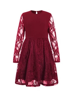 Girl's Floral Lace Panel Long Mesh Sleeve Round Neck Keyhole Back Formal Flared A Line Short Dress