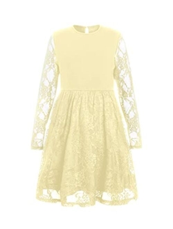 Girl's Floral Lace Panel Long Mesh Sleeve Round Neck Keyhole Back Formal Flared A Line Short Dress