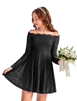 Girl's Floral Lace Panel Long Mesh Sleeve Round Neck Keyhole Back Formal Flared A Line Short Dress