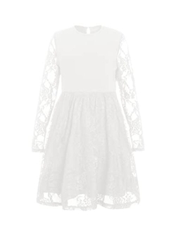 Girl's Floral Lace Panel Long Mesh Sleeve Round Neck Keyhole Back Formal Flared A Line Short Dress