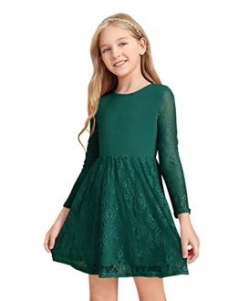 Girl's Floral Lace Panel Long Mesh Sleeve Round Neck Keyhole Back Formal Flared A Line Short Dress