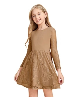 Girl's Floral Lace Panel Long Mesh Sleeve Round Neck Keyhole Back Formal Flared A Line Short Dress