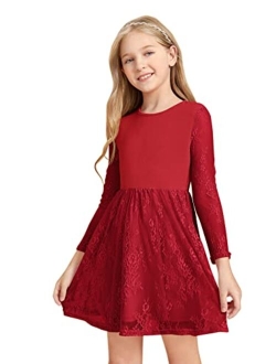 Girl's Floral Lace Panel Long Mesh Sleeve Round Neck Keyhole Back Formal Flared A Line Short Dress