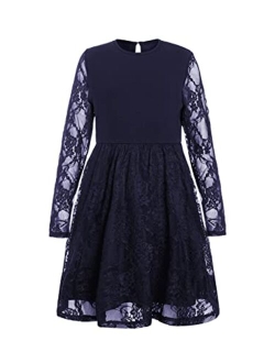 Girl's Floral Lace Panel Long Mesh Sleeve Round Neck Keyhole Back Formal Flared A Line Short Dress