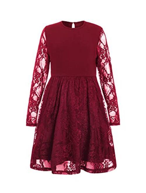 WDIRARA Girl's Floral Lace Panel Long Mesh Sleeve Round Neck Keyhole Back Formal Flared A Line Short Dress