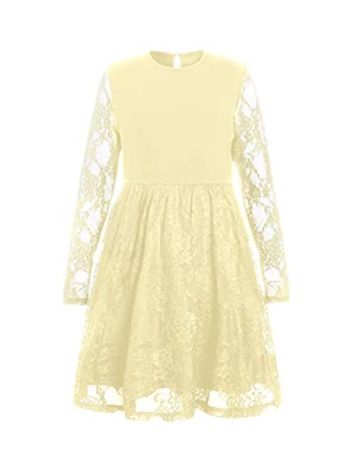 WDIRARA Girl's Floral Lace Panel Long Mesh Sleeve Round Neck Keyhole Back Formal Flared A Line Short Dress