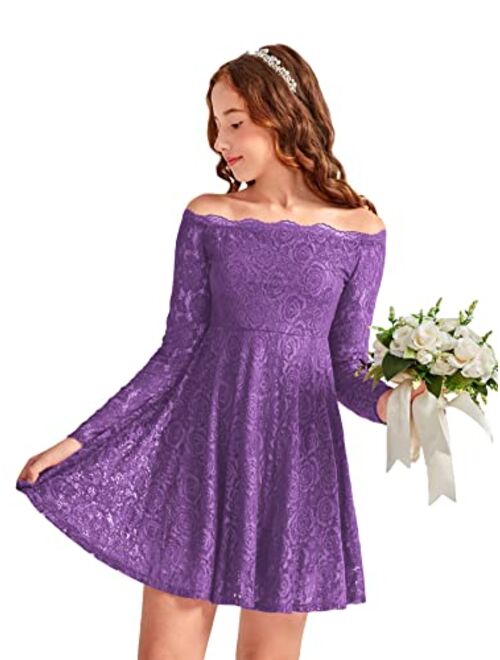 WDIRARA Girl's Floral Lace Panel Long Mesh Sleeve Round Neck Keyhole Back Formal Flared A Line Short Dress