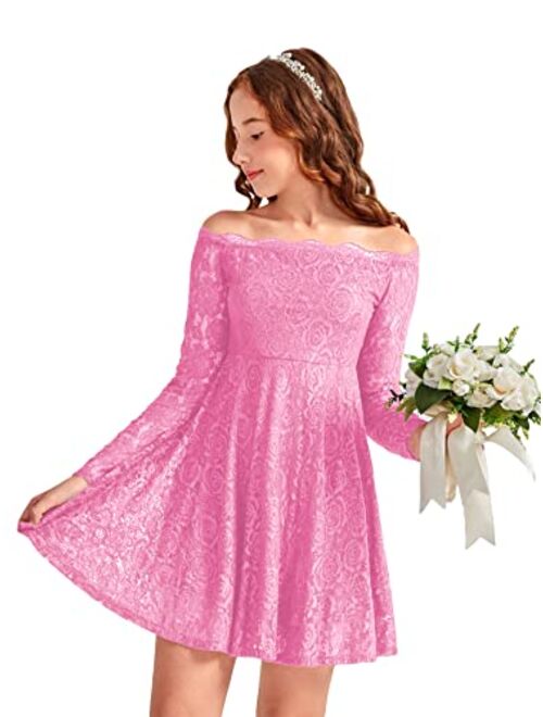 WDIRARA Girl's Floral Lace Panel Long Mesh Sleeve Round Neck Keyhole Back Formal Flared A Line Short Dress