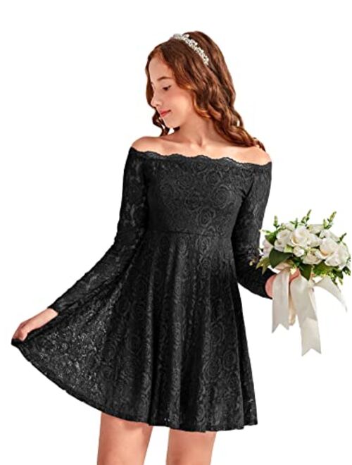 WDIRARA Girl's Floral Lace Panel Long Mesh Sleeve Round Neck Keyhole Back Formal Flared A Line Short Dress