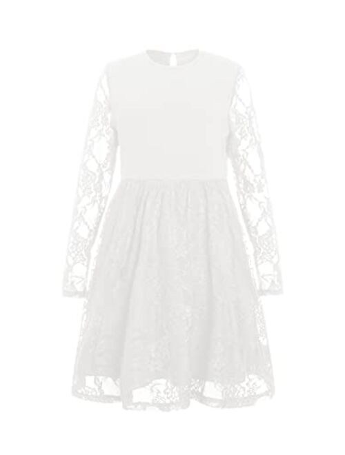 WDIRARA Girl's Floral Lace Panel Long Mesh Sleeve Round Neck Keyhole Back Formal Flared A Line Short Dress