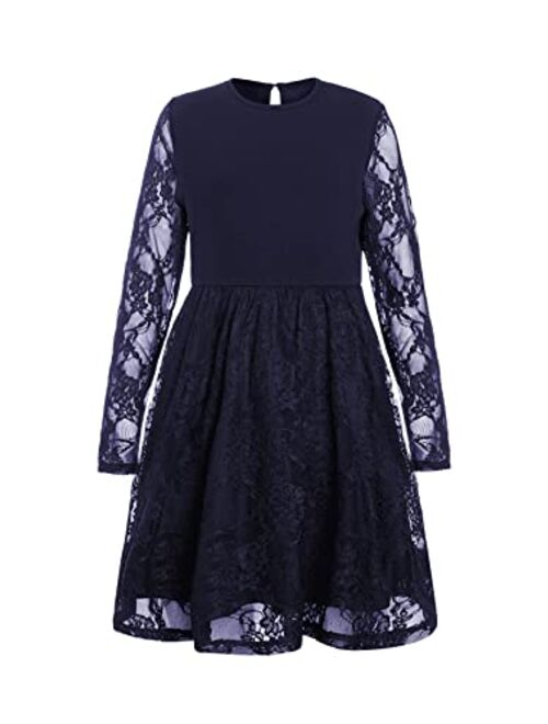 WDIRARA Girl's Floral Lace Panel Long Mesh Sleeve Round Neck Keyhole Back Formal Flared A Line Short Dress