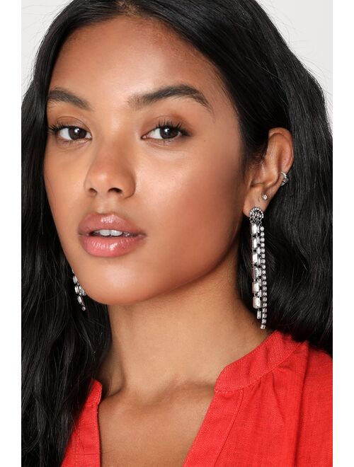 Lulus Sparkling Spotlight Silver Rhinestone Fringe Earrings