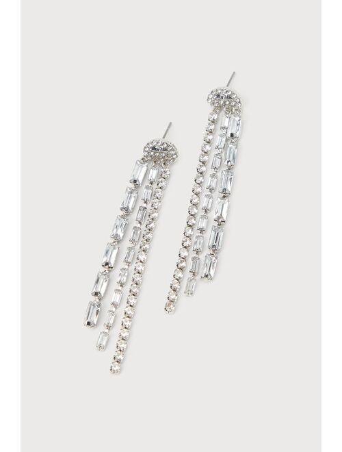 Lulus Sparkling Spotlight Silver Rhinestone Fringe Earrings