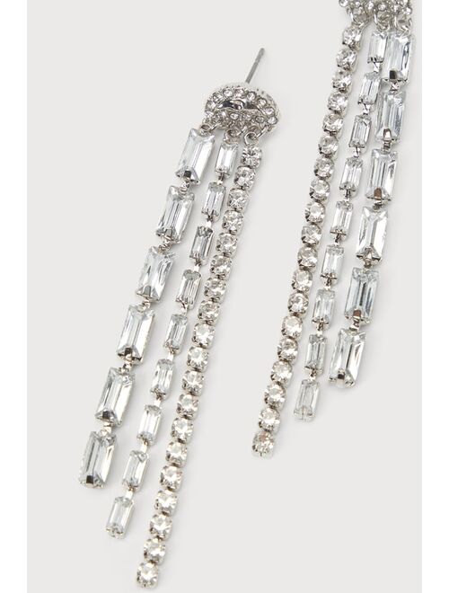 Lulus Sparkling Spotlight Silver Rhinestone Fringe Earrings