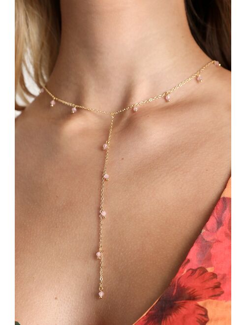 Lulus Delightful Aesthetic Gold and Pink Beaded Lariat Necklace