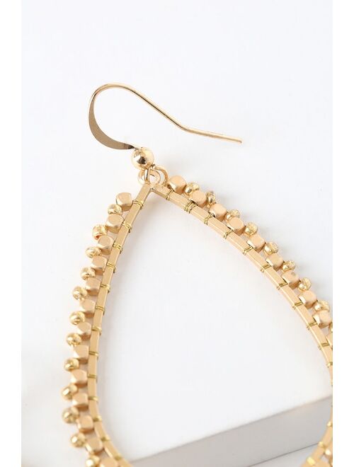 Lulus Tears Beading Down Gold Teardrop Earrings