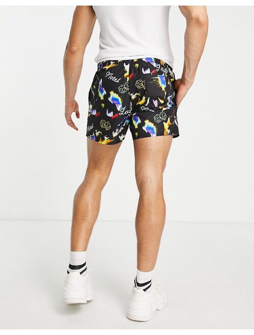 Topman lady luck print swim shorts in black