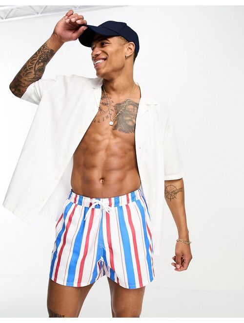 ASOS DESIGN swim shorts in short length in blue/red stripe