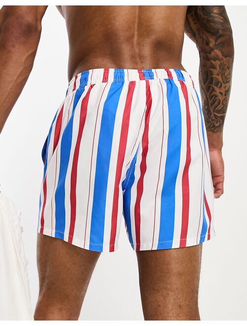 ASOS DESIGN swim shorts in short length in blue/red stripe