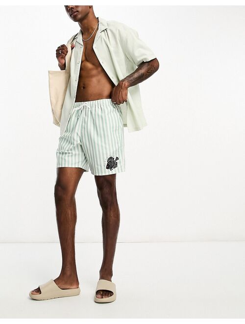 ASOS DESIGN swim shorts in short length in stripe with fish placement