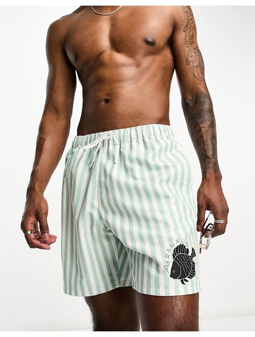 ASOS DESIGN swim shorts in short length in stripe with fish placement