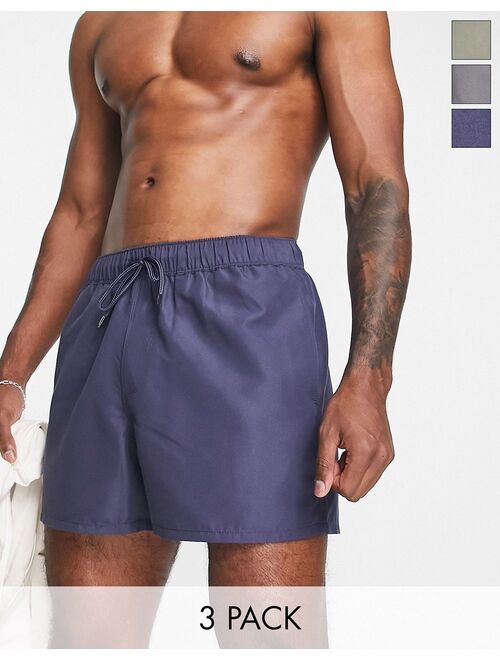 ASOS DESIGN 3-pack swim shorts in short length in light khaki/gray/indigo - SAVE!