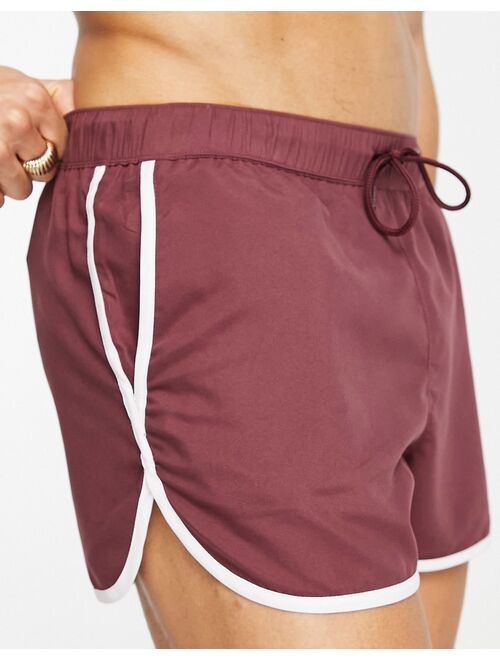 ASOS DESIGN runner swim shorts in super short length with white binding in burgundy