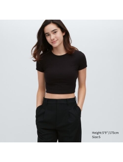 Ribbed Crew Neck Short-Sleeve Cropped T-Shirt