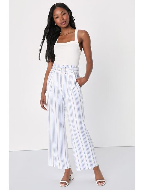 Lulus Sailboat Sweetie White and Blue Striped Wide Leg Pants