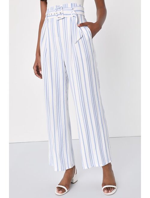 Lulus Sailboat Sweetie White and Blue Striped Wide Leg Pants