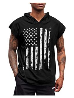 uideazone Men's Hooded Tank Tops American Flag Sleeveless Gym Workout Muscle Cut Off Patriotic T-Shirt M-XXL