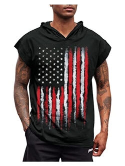 uideazone Men's Hooded Tank Tops American Flag Sleeveless Gym Workout Muscle Cut Off Patriotic T-Shirt M-XXL