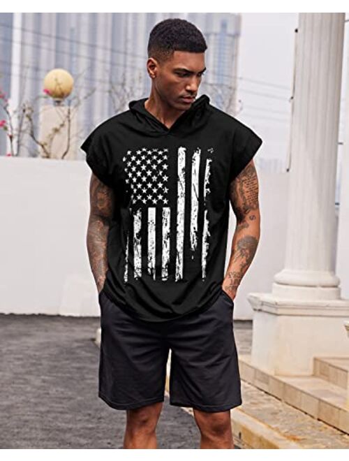 uideazone Men's Hooded Tank Tops American Flag Sleeveless Gym Workout Muscle Cut Off Patriotic T-Shirt M-XXL