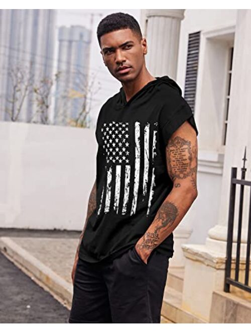 uideazone Men's Hooded Tank Tops American Flag Sleeveless Gym Workout Muscle Cut Off Patriotic T-Shirt M-XXL