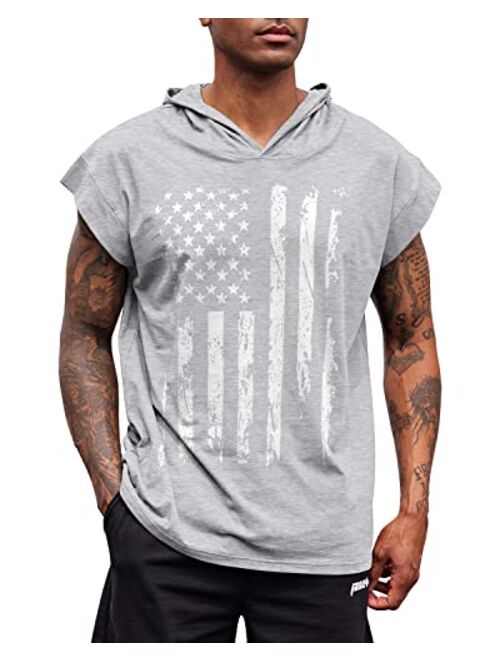 uideazone Men's Hooded Tank Tops American Flag Sleeveless Gym Workout Muscle Cut Off Patriotic T-Shirt M-XXL