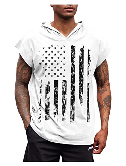 uideazone Men's Hooded Tank Tops American Flag Sleeveless Gym Workout Muscle Cut Off Patriotic T-Shirt M-XXL