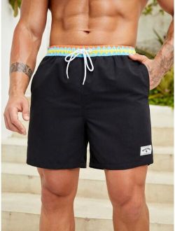 Men Letter Patched Detail Drawstring Waist Swim Trunks