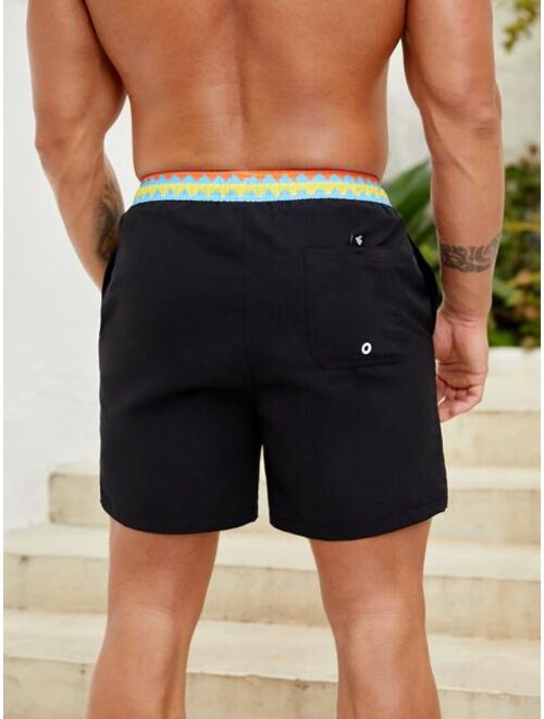 Men Letter Patched Detail Drawstring Waist Swim Trunks