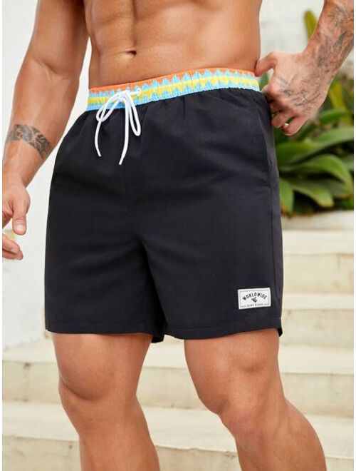 Men Letter Patched Detail Drawstring Waist Swim Trunks