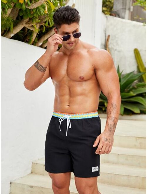 Men Letter Patched Detail Drawstring Waist Swim Trunks