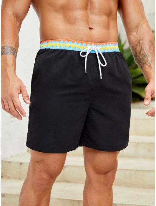 Men Letter Patched Detail Drawstring Waist Swim Trunks