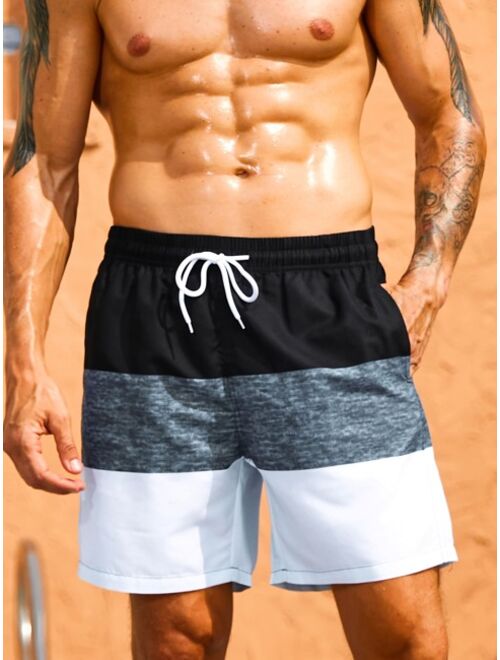 Men Colorblock Drawstring Waist Swim Trunks