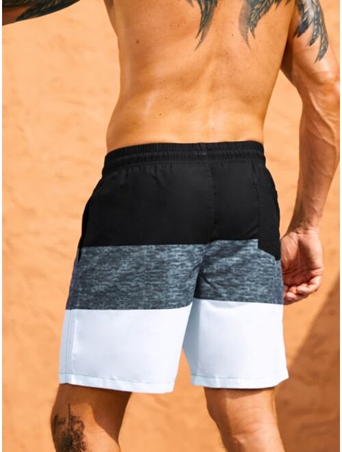 Men Colorblock Drawstring Waist Swim Trunks