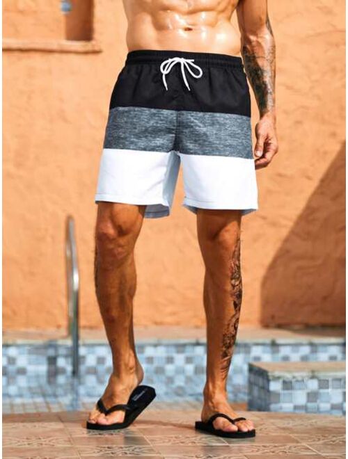 Men Colorblock Drawstring Waist Swim Trunks