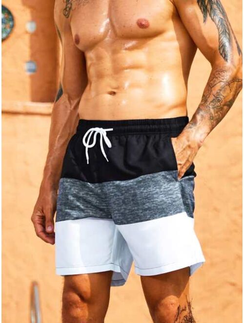 Men Colorblock Drawstring Waist Swim Trunks