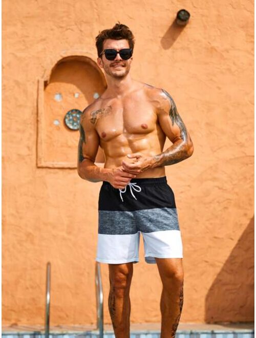 Men Colorblock Drawstring Waist Swim Trunks