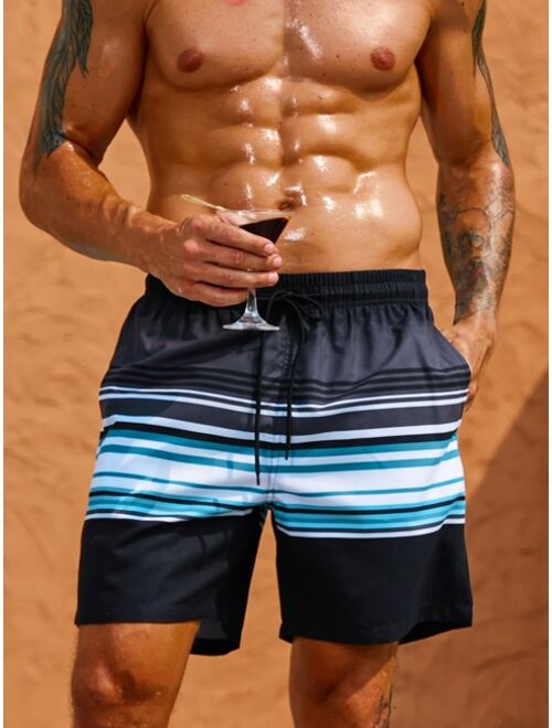 Men Striped Drawstring Waist Swim Trunks